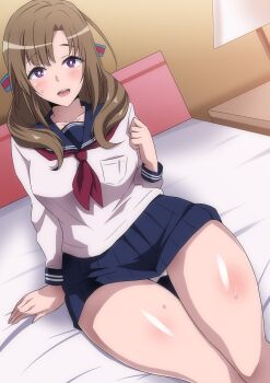  1girl :d bed bed_sheet blush breast_pocket breasts bright_pupils brown_hair collarbone female_focus hair_over_shoulder hair_ribbon hara_(harayutaka) highres indoors lamp large_breasts long_hair long_sleeves looking_at_viewer mature_female neckerchief on_bed oosuki_mamako open_mouth panties pleated_skirt pocket purple_eyes red_neckerchief ribbon sailor_collar school_uniform sitting skirt smile solo table teeth thick_thighs thighs tsuujou_kougeki_ga_zentai_kougeki_de_ni-kai_kougeki_no_okaasan_wa_suki_desu_ka? underwear upper_teeth_only white_panties  rating:Sensitive score:263 user:danbooru