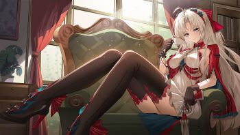  1girl ahoge black_gloves blue_eyes bookshelf boots bow breasts carlotta_(wuthering_waves) closed_mouth commentary cup curtains dress gloves gun hair_bow hairband handgun hashtag-only_commentary highres holding holding_cup holding_gun holding_weapon indoors jacket laosi_j long_hair looking_at_viewer making-of_available medium_breasts parted_bangs pink_bow pink_hairband pink_jacket pink_thighhighs plant potted_plant revision short_dress sitting sitting_sideways smile solo striped_bow teacup thigh_boots thighhighs thighhighs_under_boots thighs very_long_hair weapon white_dress white_hair window wuthering_waves 