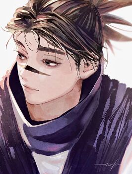  1boy 28cg black_hair brown_eyes choso_(jujutsu_kaisen) facial_mark highres jujutsu_kaisen looking_to_the_side male_focus portrait sideways_glance signature simple_background solo white_background 