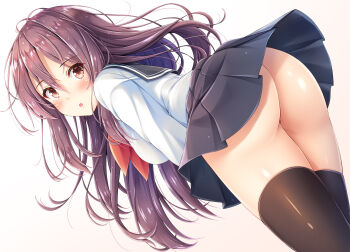 1girl :o akashio_(loli_ace) ass black_sailor_collar black_skirt black_thighhighs blush breasts brown_background brown_eyes brown_hair brown_thighhighs commentary_request dutch_angle female_focus from_behind gradient_background hair_between_eyes leaning_forward long_hair long_sleeves looking_at_viewer looking_back looking_to_the_side medium_breasts no_panties original parted_lips pleated_skirt sailor_collar school_uniform serafuku shiny_skin shirt simple_background skirt solo thighhighs very_long_hair white_background white_shirt wind wind_lift rating:Questionable score:17 user:danbooru