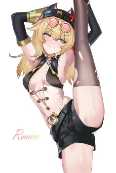  1girl absurdres animal_hat arm_behind_head armpits arms_up artist_name black_gloves black_hat black_shorts blonde_hair breasts brown_thighhighs commentary_request elbow_gloves eyewear_on_head flexible genshin_impact gloves goggles goggles_on_head hair_flaps hat highres holding_own_leg jahoda_(genshin_impact) kneepits leg_lift light_smile long_hair medium_breasts plunging_neckline raised_eyebrow remico revealing_clothes shirt short_shorts shorts sideboob simple_background sleeveless sleeveless_shirt solo split standing standing_on_one_leg standing_split star-shaped_pupils star_(symbol) symbol-shaped_pupils thighhighs torn_clothes torn_thighhighs wavy_mouth white_background yellow_eyes 