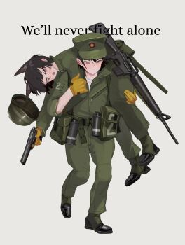  2girls absurdres ammunition_pouch animal_ears assault_rifle belt_pouch black_hair boots carrying carrying_over_shoulder carrying_person cat_ears cat_girl combat_boots combat_helmet commentary emblem english_commentary english_text finger_on_trigger fireman's_carry frown full_body gaiters gloves green_hat green_helmet green_jacket green_pants gun hand_on_another's_arm hand_on_another's_thigh handgun hat helmet highres jacket load_bearing_equipment long_sleeves m16 m16a1 m1911 military military_combat_uniform military_fatigues military_jacket military_uniform multiple_girls open_mouth orange_gloves original pants peaked_cap pink_eyes polilla pouch rifle serious shirt short_hair simple_background sleeves_rolled_up smoke_grenade soldier standing standing_on_one_leg unworn_headwear unworn_helmet weapon white_background white_shirt 