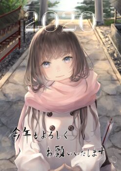  1girl 2020 arrow_(projectile) blue_eyes brown_hair closed_mouth coat ema enpera hamaya hatsumoude head_tilt highres kotoyoro long_hair nengajou new_year nyaon_oekaki original outdoors pink_nails pink_scarf scarf shrine smile solo stone_lantern torii tree upper_body white_coat 