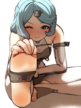  1girl absurdres ahoge bare_shoulders blue_eyes blue_hair blush chroong commentary_request elbow_gloves feet flower_hairpin foot_focus foreshortening formal_clothes gloves hair_ornament hand_on_own_foot highres korean_commentary long_hair no_shoes one_eye_closed seed_(zenless_zone_zero) simple_background single_glove sitting smile soles solo stirrup_legwear stretching suit sweatdrop toeless_legwear toes white_background white_gloves white_suit zenless_zone_zero 