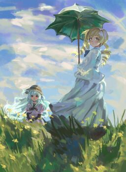  2girls absurdres blonde_hair dress drill_hair fine_art_parody grass hat highres layered_sleeves long_hair long_sleeves mahou_shoujo_madoka_magica momoe_nagisa multiple_girls parasol parody pink_dress puffy_short_sleeves puffy_sleeves rainyy sailor_collar short_over_long_sleeves short_sleeves sky straw_hat tomoe_mami twin_drills two_side_up umbrella white_dress white_hair white_sailor_collar woman_with_a_parasol yellow_eyes 