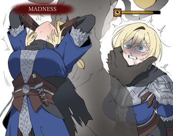  1boy 1girl aqua_eyes armor arms_up blonde_hair blood blue_surcoat blush breasts brown_gloves cape chainmail clenched_teeth colored_eyelashes commentary_request dagger drooling earrings elden_ring elden_ring_nightreign english_text genderswap genderswap_(mtf) gloves hetero highres idzuki_kenkyu-in jewelry knife knife_sheath large_breasts libra_(elden_ring) looking_up nosebleed saliva sheath sheathed short_hair shoulder_armor simple_background single_earring sweat teeth weapon white_background wylder_(elden_ring) 