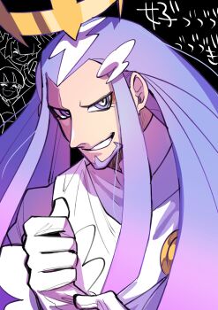  3boys absurdres black_background facial_hair father_and_son gloves goatee halo highres long_hair looking_at_viewer multiple_boys panty_&amp;_stocking_with_garterbelt polyester_(psg) polyurethane_(psg) purple_eyes purple_hair ramie_(psg) solo_focus tagaamy73 upper_body widow's_peak 