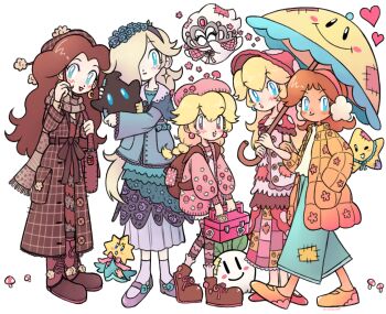  2others 6+girls backpack bag blonde_hair boo_(mario) brown_coat brown_hair brown_hat brown_shoes coat hair_over_one_eye hat heart holding holding_umbrella jacket jackie_kawaii long_sleeves luma_(mario) lunchbox mario_(series) mary_janes mask multiple_girls multiple_others mushroom_hat nintendo orange_coat parasol patch pauline_(nintendo) peachette pink_hat pink_jacket pink_skirt princess_daisy princess_peach rosalina shoes skirt socks standing striped_clothes striped_thighhighs super_mario_galaxy super_mario_odyssey super_princess_peach super_star_(mario) thighhighs tiara_(mario) turnip_(mario) umbrella yellow_umbrella 