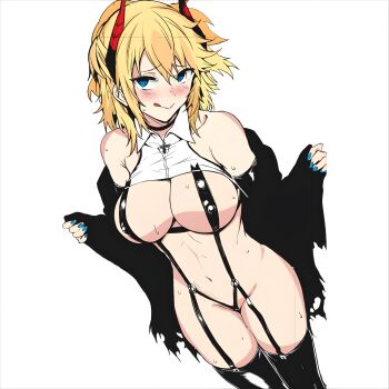  1girl absurdres azur_lane blonde_hair blush breasts cosplay highres nipples non-web_source original puyocha slingshot_swimsuit smile solo swimsuit thighhighs ulrich_von_hutten_(azur_lane) ulrich_von_hutten_(azur_lane)_(cosplay) 