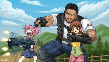  1boy 2023 2girls aiming antenna_hair arm_tattoo artist_name belt black_hair blue_skirt brown_hair brown_jacket cigarette_pack clannad cloud commission crazy_eyes crazy_smile crossover dated day doki_doki_literature_club earmuffs facial_hair fence firing furukawa_nagisa green_shirt gun hair_ribbon handgun highres holding holding_gun holding_weapon huge_weapon jacket jim_raynor killb94 machine_gun mountainous_horizon multiple_girls muscular muscular_male muzzle_flash natsuki_(doki_doki_literature_club) nervous open_mouth outdoors pants pink_hair pink_pants pointing red_ribbon ribbon school_uniform shinguard shirt shooting_range short_hair skirt sky sleeves_rolled_up smile split-rail_fence squatting standing starcraft strip_poker_night_at_the_inventory sweat tattoo teacher_and_student vest watermark weapon wooden_fence yellow_shirt  rating:Sensitive score:24 user:ArloJamesBarnes