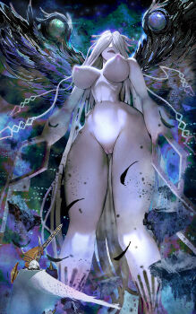  1boy 1girl absurdres arm_blade black_wings breasts colored_skin commentary covered_erect_nipples cowboy_shot digimon digimon_(creature) feathered_wings giant giantess grey_hair grey_skin hair_over_eyes highres large_breasts long_hair mddueck mecha nipples omegamon ordinemon parted_lips pussy robot sharp_teeth solo_focus teeth weapon wings 