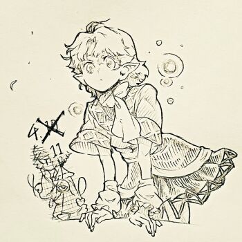  2girls arm_warmers closed_mouth commentary_request eyeball frilled_sleeves frills komeiji_satori long_sleeves looking_at_viewer medium_hair menotama mizuhashi_parsee multi-source_commentary multiple_girls pointy_ears ribbon-trimmed_collar ribbon_trim scarf shirt skirt third_eye touhou traditional_media translation_request wide_sleeves 