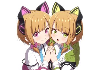 2girls animal_ear_headphones animal_ears blue_archive blue_necktie cat_ear_headphones cat_ears fake_animal_ears green_eyes headphones highres jacket looking_at_viewer midori_(blue_archive) momoi_(blue_archive) multiple_girls necktie pink_hair school_uniform shirt siblings sizque twins upper_body white_background white_shirt rating:Sensitive score:8 user:buster2222