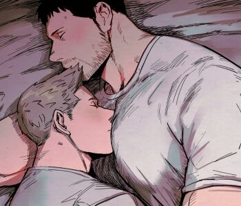  2boys beard_stubble black_hair chris_redfield closed_eyes closed_mouth commentary_request crew_neck cuddling dutch_angle facial_hair from_above highres kuconoms lying male_focus medium_sideburns multiple_boys on_side piers_nivans resident_evil resident_evil_6 shirt short_sideburns short_sleeves sleeping stubble t-shirt upper_body white_shirt yaoi 