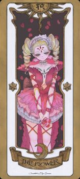  &amp;ueen 1girl blonde_hair breasts card cardcaptor_sakura cleavage clow_card colored_skin crescent_moon dress drill_hair facial_mark flower flower_(clow_card) forehead_mark green_eyes highres holding holding_flower moon petals pink_dress pink_skin smile star_(symbol) sun twin_drills 