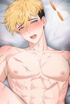  1boy abs ahegao blonde_hair blue_eyes blush body_blush fucked_silly heart heart-shaped_pupils highres implied_sex large_pectorals lying male_focus mole mole_under_eye multiple_scars muscular muscular_male navel nipples nude on_bed open_mouth orgasm pectoral_cleavage pectorals raku7560 saliva scar scar_on_chest scar_on_stomach short_hair spiked_hair sweat symbol-shaped_pupils trigun trigun_stampede undercut unworn_eyewear vash_the_stampede very_sweaty 