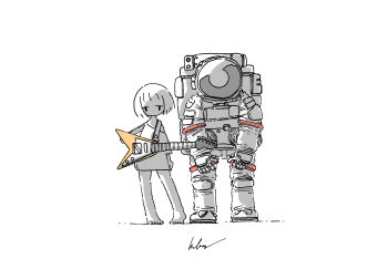  1girl absurdres arms_at_sides barefoot commentary electric_guitar full_body greyscale guitar highres instrument kaduise looking_at_viewer monochrome no_pants original oversized_clothes oversized_shirt shirt short_hair spacesuit spot_color standing 