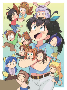  6+girls ^^^ ahoge akizuki_ritsuko amami_haruka animal_ears antenna_hair belt bird_wings black_hair black_headband blonde_hair blue_eyes blue_hair blue_shirt blush bow brown_hair cat_ears cat_tail chibi closed_eyes commentary_request cowboy_shot crossed_arms everyone fang fox_ears fox_tail futami_ami futami_mami ganaha_hibiki hagiwara_yukiho hair_bow headband high_ponytail highres holding hoshii_miki idolmaster idolmaster_(classic) kikuchi_makoto kisaragi_chihaya long_hair midriff minase_iori mini_person minigirl miura_azusa mouse_ears multiple_girls navel numakura_manami open_mouth panda_ears panda_tail pants ponytail purple_eyes purple_hair rabbit_ears shijou_takane shirt short_hair short_side_ponytail short_sleeves side_ponytail simple_background standing surprised t-shirt tail takatsuki_yayoi tsubobot twintails v-shaped_eyebrows voice_actor voice_actor_connection white_pants wings 