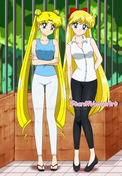  2girls adult_swim aino_minako bishoujo_senshi_sailor_moon bishoujo_senshi_sailor_moon_r bishoujo_senshi_sailor_moon_r:_the_movie bishoujo_senshi_sailor_moon_s bishoujo_senshi_sailor_moon_s_the_movie:_kaguya-hime_no_koibito bishoujo_senshi_sailor_moon_supers bishoujo_senshi_sailor_moon_supers_the_movie:_sailor_9_senshi_shuuketsu!_black_dream_hole_no_kiseki blonde_hair blue_eyes highres multiple_girls outdoors pants sandals shirt shoes starmvenus toei_company toonami tsukino_usagi viz_media  rating:General score:3 user:calum1998