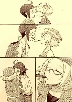  1boy 1girl age_progression ahoge bianca_(pokemon) blush cheren_(pokemon) closed_eyes collarbone collared_shirt commentary_request food hat hetero kaori_kazuma necktie nintendo pocky pocky_kiss pokemon pokemon_bw pokemon_bw2 shared_food shirt 