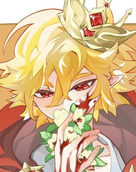  1boy alternate_costume alternate_eye_color aotu_world blonde_hair blood blood_on_face blood_on_hands cape chinese_commentary crown flower gem hair_between_eyes holding holding_flower hood hood_down hooded_cape king_(aotu_world) leaf looking_at_viewer looking_down male_focus pointy_ears red_cape red_eyes red_gemstone shirt short_hair solo upper_body white_flower white_shirt zaoxi395 