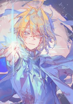  1boy \||/ ahoge blonde_hair blood blood_on_face casting_spell closed_mouth dated hair_between_eyes hair_intakes highres injury kurumiyuu16 looking_at_viewer male_focus original short_hair signature solo twitter_username upper_body 