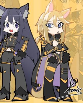  2girls animal_ear_fluff animal_ears black_bodysuit black_hair blonde_hair blue_eyes bodysuit breasts cat_ears cat_girl cat_tail cleavage delta_(kagejitsu) facial_mark fur_trim gem gold_trim kage_no_jitsuryokusha_ni_naritakute! kamisu_yu long_hair multiple_girls navel open_mouth panty_&amp;_stocking_with_garterbelt_(style) parody parted_lips ponytail purple_eyes purple_gem smile standing style_parody tail very_long_hair wolf_ears wolf_girl wolf_tail zeta_(kagejitsu) 