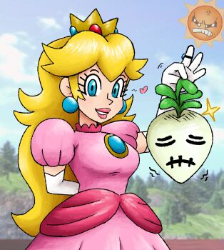 1girl arm_behind_back arm_up blonde_hair blue_eyes breasts dress food highres large_breasts legs long_hair looking_at_viewer mario_(series) nintendo pink_lips princess princess_peach smile solo super_smash_bros. teeth thighs vegetable