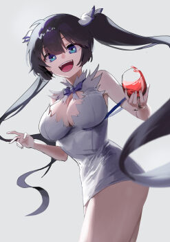  1girl absurdres ahoge bare_shoulders black_hair breasts cleavage cleavage_cutout clothing_cutout commentary_request cup dress drinking_glass dungeon_ni_deai_wo_motomeru_no_wa_machigatteiru_darou_ka hair_ribbon hestia_(danmachi) highres jinbin825 large_breasts long_hair looking_at_viewer open_mouth pencil_dress rei_no_himo ribbon short_dress simple_background smile twintails very_long_hair white_background white_dress wine_glass 