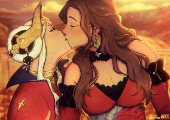  2girls artist_name bare_shoulders blurry blurry_background blush breasts cleavage couple diezmil10000 dorothea_arnault edelgard_von_hresvelg fake_horns fire_emblem fire_emblem:_three_houses hair_ornament highres horns kiss long_hair mole mole_on_breast multiple_girls nintendo upper_body white_hair yuri  rating:Sensitive score:17 user:hogo7blok