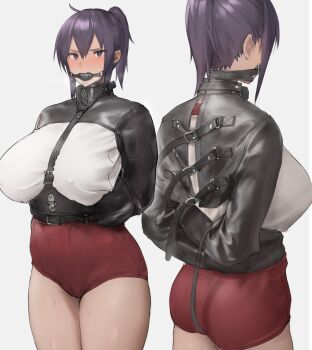  1girl absurdres arms_behind_back ass ball_gag bdsm blush bondage bound breasts breath buruma cowboy_shot from_behind gag grey_background gym_uniform hair_between_eyes highres large_breasts looking_at_viewer multiple_views original ponytail purple_eyes purple_hair red_buruma shirt simple_background straitjacket thighs white_shirt yagi_764364  rating:Explicit score:51 user:flamingjaws234
