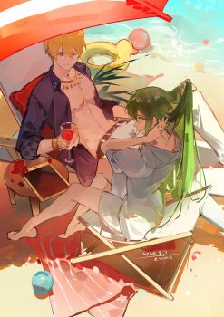  1boy 1other absurdres androgynous arms_behind_head ball bare_legs barefoot beach beach_towel beach_umbrella blonde_hair bracelet chair collared_shirt commentary_request cupping_glass dated duck_innertube enkidu_(fate) fate/grand_order fate_(series) from_above full_body gilgamesh_(fate) gold_bracelet green_eyes green_hair hair_between_eyes hair_tie_in_mouth hands_in_own_hair highres innertube jewelry long_hair looking_at_viewer lounge_chair mouth_hold muscular muscular_male ocean open_clothes open_shirt outdoors pants red_eyes robe sand sanyue_qiushi shade shirt short_hair smile swim_ring towel umbrella unfinished very_long_hair white_pants white_robe 