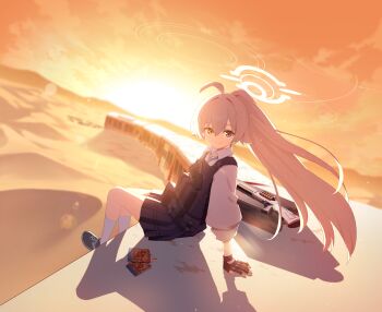  1girl ahoge ammunition ballistic_shield beretta_1301 beretta_92 blue_archive blue_eyes blue_necktie blurry blurry_background blush bulletproof_vest candy checkered_clothes checkered_skirt desert dutch_angle fingerless_gloves food foot_dangle from_side full_body game_cg gloves gulim gun hair_between_eyes halo handgun heterochromia highres holster hoshino_(armed)_(blue_archive) hoshino_(blue_archive) light_smile long_hair looking_at_viewer multiple_unit_train necktie official_alternate_costume official_alternate_hairstyle official_art on_roof outdoors pink_hair pink_halo ponytail puffy_sleeves school_uniform shield shirt shotgun shotgun_shell sitting_on_roof skirt sleeves_rolled_up socks solo sunset tactical_clothes tactical_school_uniform train weapon white_shirt white_socks yellow_eyes 