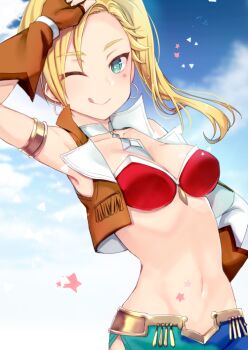  1girl ;q ameshizuku_natsuki arm_up armpits bare_shoulders bikini bikini_top_only blonde_hair blue_sky blush breasts brown_gloves brown_vest calamity_jane_(fate) calamity_jane_(first_ascension)_(fate) character_request cleavage closed_mouth cloud cloudy_sky collarbone commentary_request cropped_vest day detached_sleeves fate/grand_order fate_(series) female_focus fingerless_gloves forehead gloves green_eyes groin hand_on_own_hip long_hair looking_at_viewer medium_breasts navel one_eye_closed open_clothes open_vest outdoors parted_bangs red_bikini side_ponytail single_detached_sleeve sky smile solo star_(symbol) swimsuit tongue tongue_out two-tone_shorts vest white_sleeves  rating:Sensitive score:12 user:danbooru