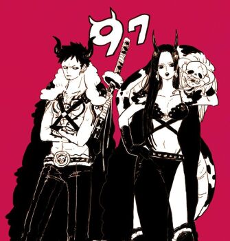  1boy 1girl arm_tattoo beast_pirates_uniform boa_hancock breasts chest_tattoo earrings facial_hair horns jewelry long_hair nanteiiyoru navel one_piece salome_(one_piece) short_hair snake snake_earrings sword tattoo trafalgar_law weapon  rating:Sensitive score:2 user:Sukugumi1