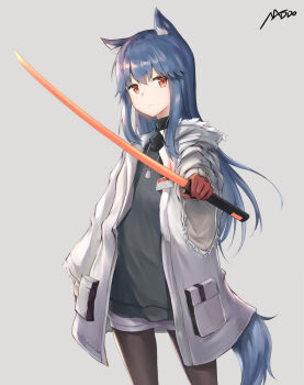  1girl animal_ear_fluff animal_ears arknights black_pantyhose black_shirt blue_hair blue_tail closed_mouth commentary cowboy_shot expressionless fur-trimmed_sleeves fur_trim gloves grey_background holding holding_sword holding_weapon jacket long_hair long_sleeves looking_at_viewer official_alternate_costume omuretu_(butterroru) open_clothes open_jacket orange_eyes orange_gloves pantyhose shirt simple_background solo standing sword tail texas_(arknights) texas_(winter_messenger)_(arknights) turtleneck turtleneck_shirt weapon white_jacket wide_sleeves wolf_ears wolf_girl wolf_tail 