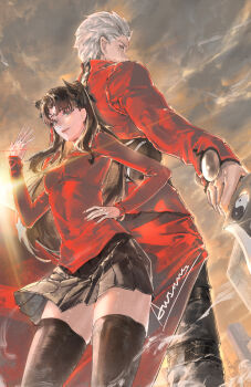  1boy 1girl absurdres accelerator1111 archer_(fate) back-to-back black_skirt blue_eyes breasts brown_hair chinese_commentary command_spell commentary_request contrapposto english_text fate/stay_night fate_(series) from_below grey_sky hand_on_own_hip hand_up highres jacket kanshou_&amp;_bakuya_(fate) long_hair medium_breasts miniskirt red_jacket red_sweater sidelocks skirt sky sweater thighhighs thighs tohsaka_rin turtleneck turtleneck_sweater two_side_up waist_cape white_hair yellow_eyes zettai_ryouiki 