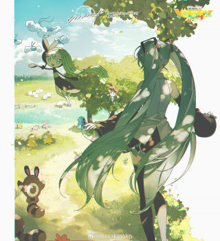  1girl aqua_hair back bare_shoulders black_skirt blue_sky boots cloud commentary_request copyright_logo detached_sleeves gen_5_pokemon hatsune_miku highres legendary_pokemon logo long_hair meloetta mythical_pokemon nintendo official_art outdoors pleated_skirt pokemon project_voltage rella scenery sidelocks skirt sky thigh_boots tree twintails vocaloid watermark weibo_username weibo_watermark 