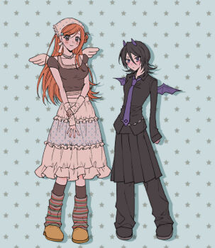  2girls amugonagurim angel_wings bat_wings black_hair black_pants black_shirt black_shoes black_skirt black_socks bleach blue_background blush breasts brown_shoes cleavage collared_shirt demon_horns demon_wings detached_sleeves frilled_skirt frills full_body grey_eyes hair_bun headscarf highres horns inoue_orihime jewelry kuchiki_rukia light_smile long_hair long_skirt loose_socks medium_breasts medium_hair mini_wings multiple_girls necklace necktie orange_hair pants pants_under_skirt pleated_skirt purple_eyes purple_necktie purple_wings scarf shirt shoes short_sleeves single_side_bun skirt sleeves_past_wrists small_breasts socks standing star_(symbol) star_print striped_clothes striped_socks white_scarf white_sleeves white_wings wings 