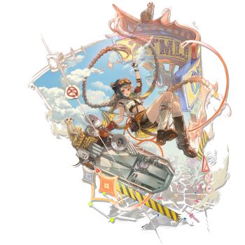  1girl arknights arm_strap armband artist_request asymmetrical_gloves asymmetrical_legwear asymmetrical_sleeves aviator_cap aviator_goggles belt belt_pouch billboard black_boots black_gloves black_shorts blonde_hair blue_hat boots braid broken_goggles cairn_(arknights) caution_tape climbing_rope cloud cloudy_sky collared_shirt cropped_shirt detached_pants double_bun elbow_pads fang fingerless_gloves flag flying full_body gloves goggles goggles_on_headwear hair_bun hat highres holding holding_shield knees_together_feet_apart long_hair looking_at_viewer map meerkat meerkat_ears meerkat_girl meerkat_tail megaphone miniskirt mismatched_gloves mismatched_legwear multiple_braids necktie official_art open_mouth orange_belt orange_eyes orange_rope outdoors pleated_skirt pouch red_armband red_gloves ribbed_socks road_sign rope rope_belt scar_on_hip scout_uniform shield shirt shorts shorts_under_skirt sign single_elbow_pad single_sock skirt sky smile socks solo suspender_shorts suspenders third-party_source torn_clothes torn_shirt transparent_background uneven_sleeves very_long_hair walkie-talkie warning_sign white_shirt white_socks yellow_necktie yellow_skirt 