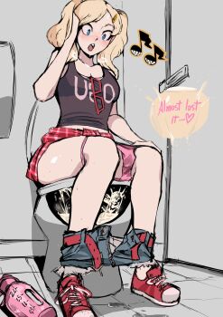  bathroom belt biku black_tank_top blonde_hair blue_eyes blush bottle clothes_pull denim denim_shorts english_text highres looking_at_self musical_note open_mouth panties panties_around_leg pants pants_pull pee peeing persona persona_5 pink_panties plaid_clothes plaid_skirt red_belt shoes shorts sitting skirt sneakers sunglasses sunglasses_removed sweat takamaki_ann tank_top toilet toilet_use twintails underwear unzipped water_bottle wide-eyed x-ray  rating:Questionable score:89 user:Bkgi39