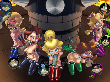  5girls 6+boys angry arms_behind_back bdsm blonde_hair blue_eyes blush bondage bound breasts brown_hair captured castle censored chain chained collar cum cum_on_body disembodied_penis facial fellatio gag iggy_koopa irrumatio larry_(pokemon) lava leash lemmy_koopa ludwig_von_koopa mario_(series) morton_koopa_jr. multiple_boys multiple_girls navel new_super_mario_bros._u_deluxe nintendo nipples one_eye_closed oral pauline_(nintendo) peachette penis penis_on_face penis_on_head princess princess_daisy princess_peach rape rape_dungeon rosalina roy_koopa sex shaxbert shiny_skin signature slave super_mario_bros._1 super_mario_bros._3 super_mario_galaxy super_mario_land super_mario_odyssey 