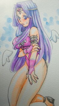  1girl alternate_costume angel_wings armlet bare_shoulders blush breasts circlet clothing_cutout detached_wings dragon_quest dragon_quest_iv embarrassed feet_out_of_frame forehead_jewel full_body furrowed_brow gem hand_on_own_arm holding_own_arm jewelry large_breasts leg_up leotard long_hair looking_at_viewer minea_(dq4) mini_wings myuemyue navel_cutout parted_lips pink_gemstone pink_leotard pink_leotard_(dq) purple_eyes purple_hair solo sweatdrop traditional_media wings 