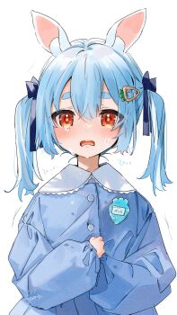  1girl aged_down animal_ear_fluff animal_ears blouse blue_hair blue_ribbon blue_shirt blush buttons carrot_hair_ornament child crying crying_with_eyes_open food-themed_hair_ornament gotoh_(nekocat) hair_ornament hair_ribbon highres hololive kindergarten_uniform long_sleeves looking_at_viewer medium_hair name_tag open_mouth oversized_clothes puffy_long_sleeves puffy_sleeves rabbit-shaped_pupils rabbit_ears red_eyes ribbon shirt signature simple_background sleeves_past_wrists solo symbol-shaped_pupils tears thick_eyebrows twintails usada_pekora virtual_youtuber white_background  rating:General score:15 user:danbooru