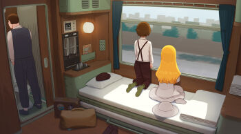  1boy 2girls abubu bed blonde_hair brown_hair brown_hat brown_pants brown_shoes collared_shirt commentary commentary_request criss-cross_back-straps dress english_commentary green_socks grey_pants grey_shoes grey_vest hat highres indoors long_hair long_sleeves mixed-language_commentary multiple_girls original pants peeing shirt shoes short_hair socks suspender_pants suspenders tomboy train_interior unworn_hat unworn_headwear very_short_hair vest white_bag white_dress white_shirt window 