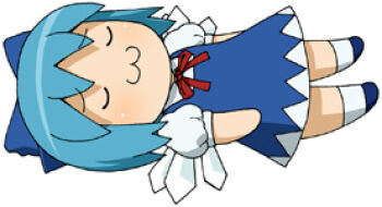 1girl :3 aramaki_scaltinof bad_source blue_bow blue_dress blue_hair blue_shoes bow chibi chibi_only cirno closed_eyes closed_mouth commentary_request dress flat_chest furrowed_brow hair_bow ice ice_wings lowres lying maso_(ascii_art) neck_ribbon no_nose on_back puffy_short_sleeves puffy_sleeves red_ribbon ribbon shoes short_hair short_sleeves simple_background socks solo teruyof touhou u_u white_background white_socks wings
