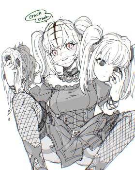  1girl ani_(xai) animegao breasts choker chromatic_aberration commentary_request corset cosplay disguise fishnet_thighhighs fishnets glowing glowing_eyes goth_fashion greyscale highres holding holding_mask kazkitashima kigurumi lace-trimmed_choker lace_trim large_breasts mask monochrome puffy_short_sleeves puffy_sleeves red_eyes short_sleeves simple_background sitting solo sound_effects spot_color thighhighs white_background xai_(company) 