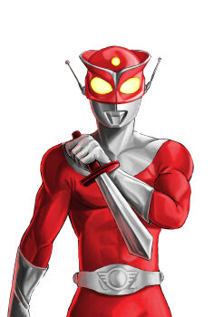 1boy abs absurdres alien belt collarbone colored_skin commentary compound_eyes english_commentary forehead_jewel gem giant giant_male gloves glowing glowing_eyes hand_up highres holding holding_sword holding_weapon looking_at_viewer male_focus mask mixed-language_commentary multicolored_skin neo_phantom no_pupils pectorals red_knife red_mask red_skin redman redman_(character) silver_belt silver_gloves silver_skin simple_background solo standing straight-on sword tokusatsu toned toned_male two-tone_skin upper_body weapon white_background yellow_eyes yellow_gem