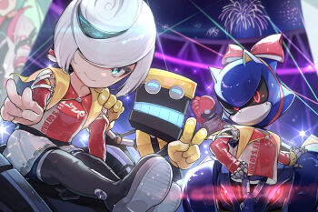  1girl aerial_fireworks artist_name black_boots blue_eyes blue_hair bodysuit boots cape capelet car colored_extremities colored_inner_hair colored_skin commentary commentary_request cubot double_v dr._eggman fireworks glowing glowing_eyes glowing_mouth hair_ribbon hand_on_another's_shoulder hatsune_miku hatsune_miku_(sonic_style) head_on_hand holding insignia leaning_back leaning_to_the_side loli metal_sonic metal_wrist_cuffs military_rank_insignia motor_vehicle multicolored_hair myuutau_tadakichi night orbot race_queen race_vehicle racecar recording ribbon sage_(sonic) signature sitting sitting_on_object skirt sonic_(series) sonic_frontiers sonic_racing:_crossworlds sweat sweatdrop twitter_username v video_camera viewfinder white_hair white_skin white_skirt yellow_cape 