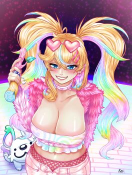  1girl absurdres ahoge arielle_(vtuber) blonde_hair blue_eyes breasts cleavage commentary dog dreynnkas earrings english_commentary eyewear_on_head fishnet_pantyhose fishnets fur_jacket hair_between_eyes hair_ornament heart heart-shaped_eyewear heart_ahoge heart_earrings highres huge_breasts indie_virtual_youtuber jacket jewelry large_breasts looking_at_viewer multicolored_hair navel pants pantyhose pink_pants rainbow_hair smile stick strapless sunglasses tube_top twintails virtual_youtuber 